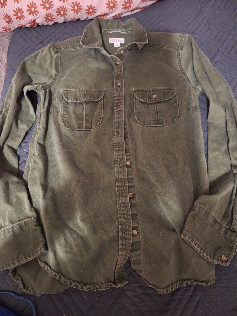 Merona Olive Button-Up Shirt with Dual Chest Pockets